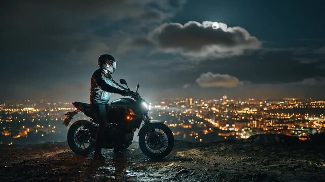A motorcyclist gazes at the sparkling city lights from a hill at night
