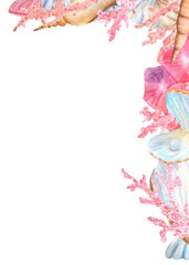 Right top corner of rectangular frame with sea corals, seashells and pearls. Sea frame design. Underwater world clipart. Hand-drawn watercolor illustration for snorkeling-themed design, packaging