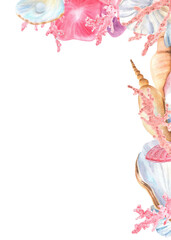 Rectangular frame top right corner of pink sea corals, seashells and pearls. Sea frame design. Underwater world clipart. Hand-drawn watercolor illustration for snorkeling-themed design, packaging