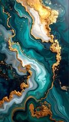 Abstract fluid art with swirling emerald, gold, and white creating a marble-like appearance