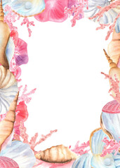 Rectangular frame of pink coral polyps, colorful seashells and pearls. Seabed clipart. Underwater world. Hand-drawn watercolor illustration for underwater-themed design, packaging, postcards