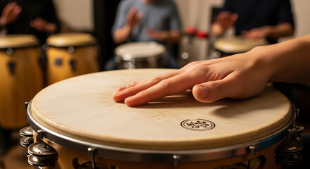 Obraz premium Close-up of a hand striking a drum, emphasizing rhythmic percussion and shared musical collaboration