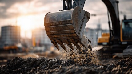 Excavator pouring soil in urban build