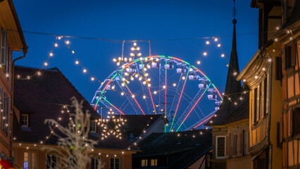 Beautiful Christmas decorations in the famous Christmas Market in Colmar in France on December 26th 2025