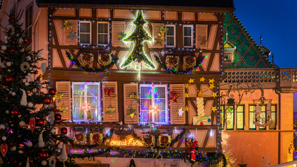 Beautiful Christmas decorations in the famous Christmas Market in Colmar in France on December 26th 2025