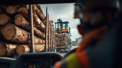 Forestry worker transporting logs with machinery