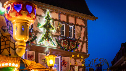 Beautiful Christmas decorations in the famous Christmas Market in Colmar in France on December 26th 2025