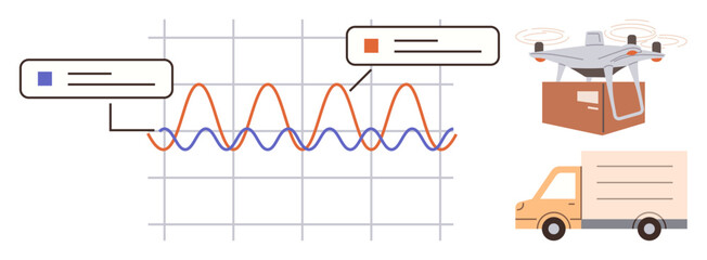 Obraz premium Data graph with fluctuating lines and annotations, delivery quadcopter carrying a package, and truck image. Ideal for logistics, data insight, innovation, efficiency, transport, analysis