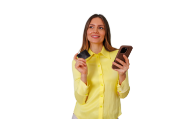 Woman engaging in mobile commerce, making secure online purchases with her smartphone and credit card. Transparent background