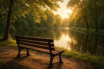 Park bench facing a quiet reflective stream with soft backlighting from the late afternoon sun.