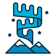 The aurora or northern lights icon is above the mountains