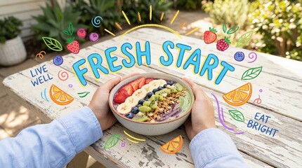 A person holding a bowl of fresh salad with vibrant graphics and text overlay on a wooden table outdoors