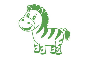 Fototapeta premium Isolated cartoon zebra stands joyfully in white, its cute features highlighted with green