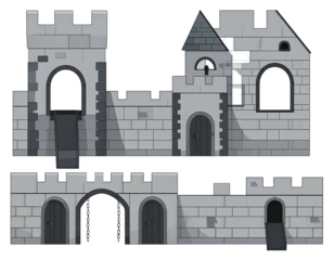Grey stone cartoon castle with towers and arched doorways