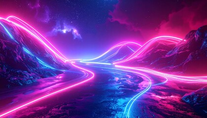 Winding neon road through a rugged landscape beneath a vibrant nebula sky, glowing with pink and blue energy