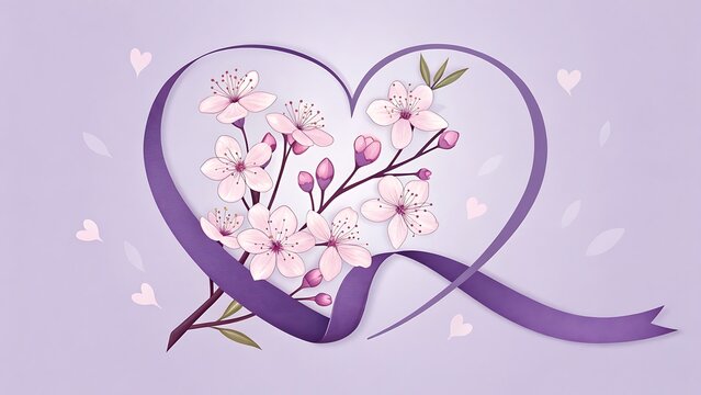 World Cancer Day awareness concept with purple ribbon heart and flowers