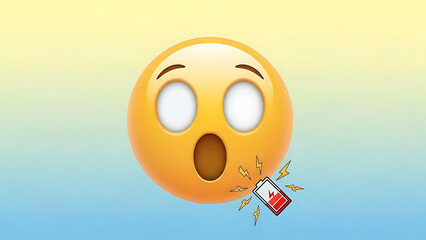 Shocked face emoji with low battery symbol and lightning bolts on gradient background, expressing surprise and urgency