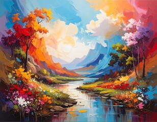 Vivid, impasto landscape painting showing a river flowing between mountains under a bright sky with colorful trees