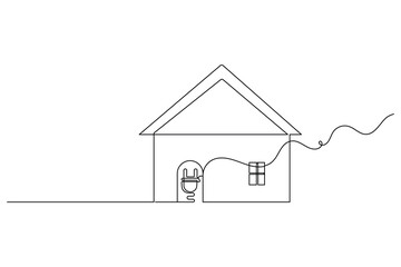 House continuous line drawing with electric plug symbol for renewable energy concept