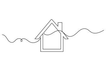 Abstract house outline in one line style with curved path for modern housing concept
