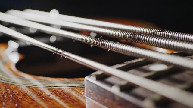 Close-up view of a guitars strings and fretboard, musical instrument detail.