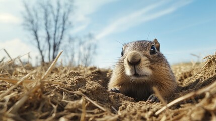 A close-up of a groundhog emerging from its burrow. The animal has a brown fur coat and a round face. The background features dry grass and a clear blue sky.