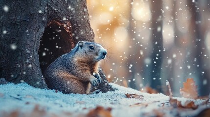 A groundhog sits near its burrow in a snowy forest. Snowflakes fall gently around, creating a serene winter scene. The groundhog appears alert and curious.