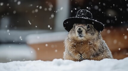 A groundhog wearing a black hat sits in the snow. Snowflakes fall around it, creating a wintery scene. The groundhog appears curious and alert.