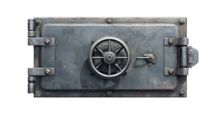 Heavy steel vault door with combination lock for securing valuables, offering bank level protection, isolated on transparent background