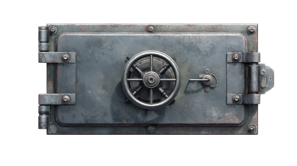 Heavy steel vault door with combination lock for securing valuables, offering bank level protection, isolated on transparent background