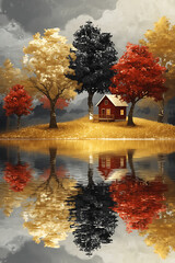 A digital painting depicts a serene landscape with a mirror-like silver lake reflecting an abstract scene. Three majestic trees with shimmering gold, black, and crimson leaves stand along a golden sho
