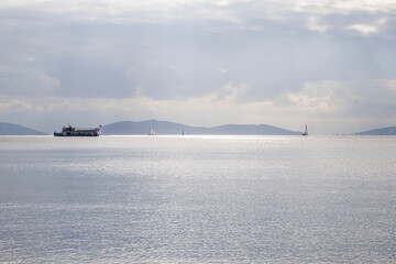 ship in the foggy sea, prince's islands istanbul