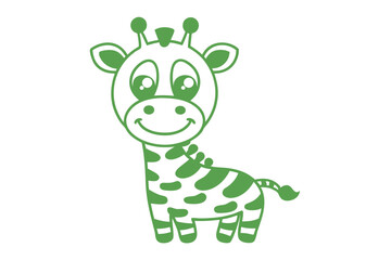 Green happy giraffe stands, displaying big cartoon eyes and a friendly smile here