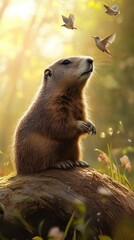 Obraz premium A groundhog sits on a rock in a sunlit forest. Small birds flutter around it, creating a lively scene. The groundhog has brown fur and a curious expression.