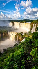 Water cascades powerfully over rocks, lush vegetation frames the view under a partly cloudy, vibrant blue sky