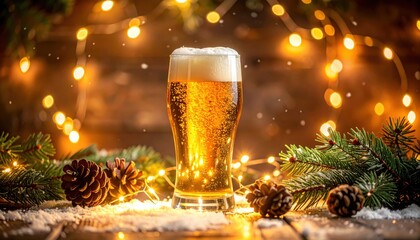 A single beer glass surrounded by glowing fairy lights creating a cozy festive atmosphere with a warm winter themed background of pine branches and cones. High quality