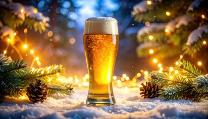 A single beer glass surrounded by glowing fairy lights creating a cozy festive atmosphere with a warm winter themed background of pine branches and cones. High quality