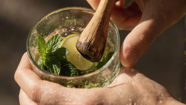 Close-up of hands muddling fresh mint and lime in a glass for a cocktail.