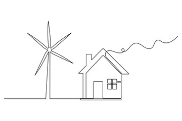 House continuous line drawing with wind turbine for renewable energy and eco friendly concept