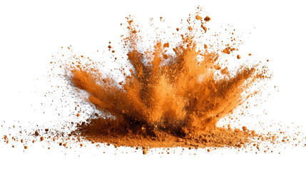 Orange powder exploding upwards, creating a dynamic burst of fine particles and colored dust on a transparent background
