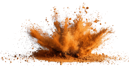 Orange powder exploding upwards, creating a dynamic burst of fine particles and colored dust on a transparent background
