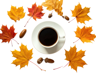 Cup of dark coffee surrounded by fall leaves, acorns