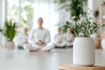 A yoga instructor in athletic wear demonstrates a serene pose while students follow along in a bright, airy studio filled with indoor plants and large windows, promoting wellness