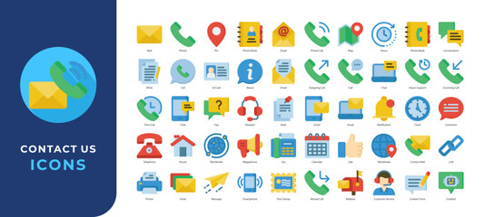 Contact Us icons set collection. Containing phone, email, chat, location, customer service tools and more.  Simple flat color vector.