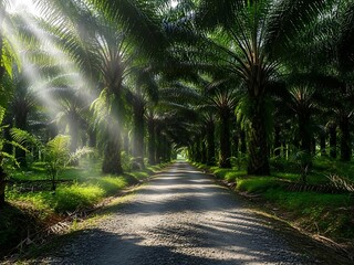 Obraz premium Sunlight Rays Through Palm Trees Lining A Rural Road