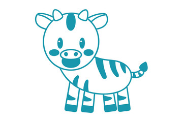 Fototapeta premium Cheerful light blue cartoon calf with dark stripes playfully looks toward the viewer