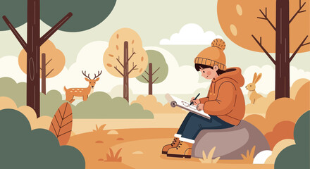 Child drawing wildlife in autumn forest, deer and rabbit nearby