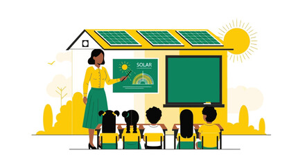 Children learning about solar energy with teacher in classroom with solar panels