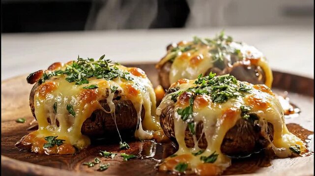 Three delicious stuffed mushrooms filled with melted cheese and fresh herbs, served on a rustic wooden plate placed on a clean kitchen tabletop. Suitable for marketing or business purposes