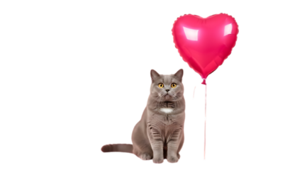 Gray Cat with Pink Heart Balloon Isolated feline animal
